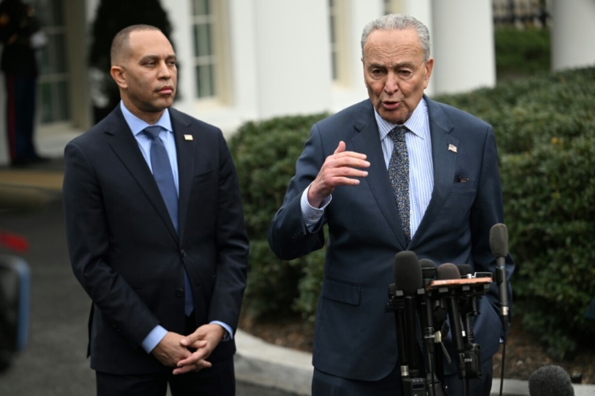 Senate Minority Leader Chuck Schumer (right) and House Minority Leader Hakeem Jeffries, pictured outside the White House in 2024, both released statements rebuking President Donald Trump