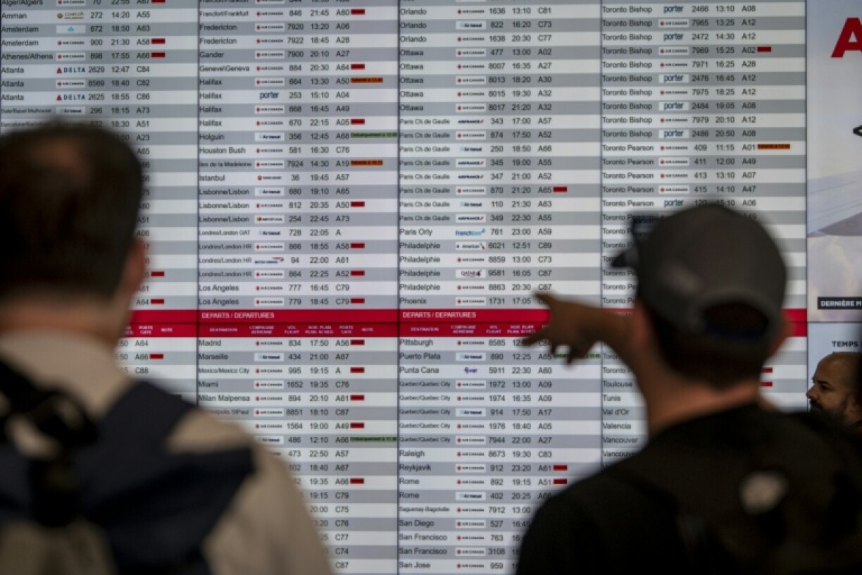 A flight board after canceled flights in Montreal