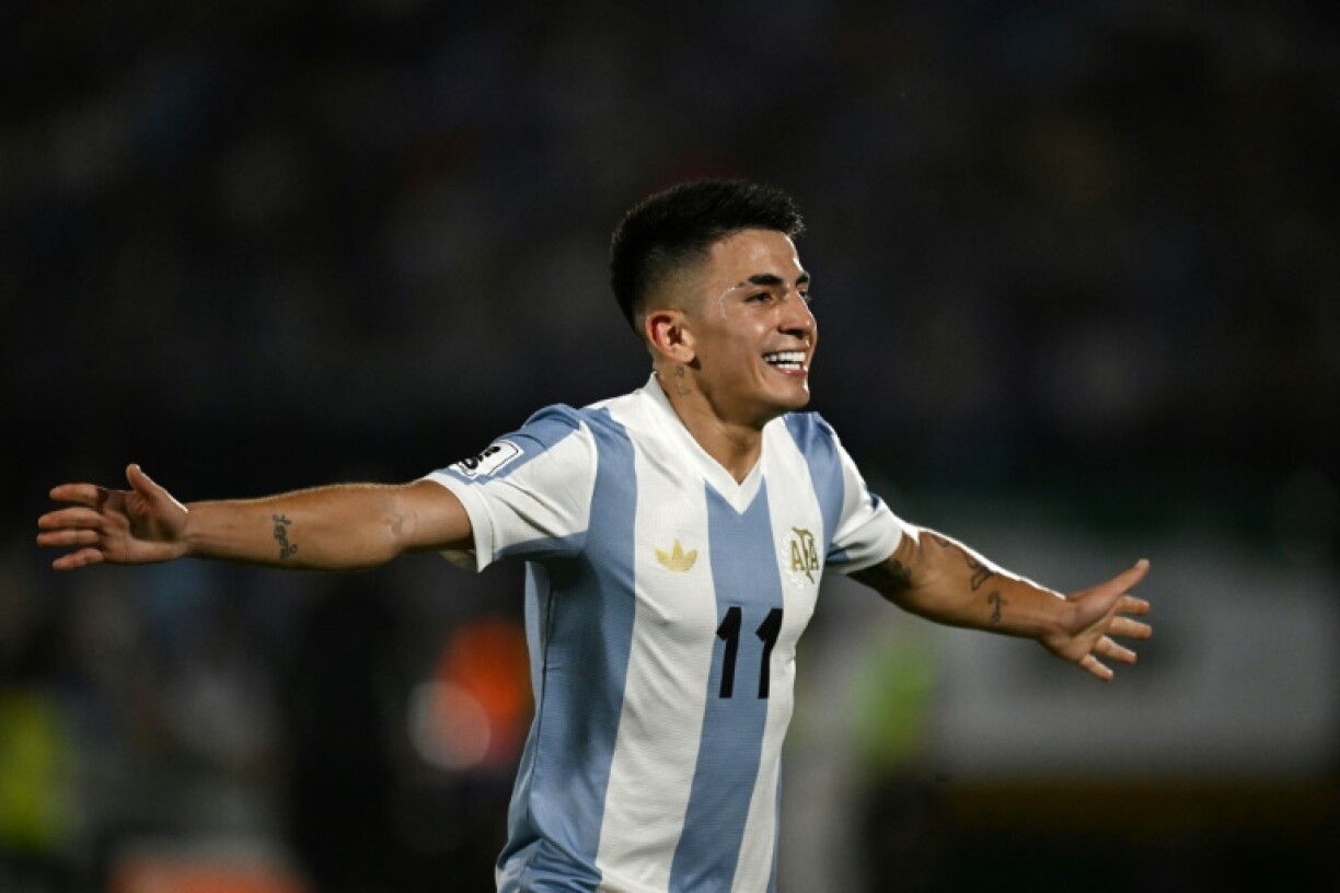 Argentina midfielder Thiago Almada celebrates after scoring the winning goal in a 1-0 World Cup qualifying victory over Uruguay