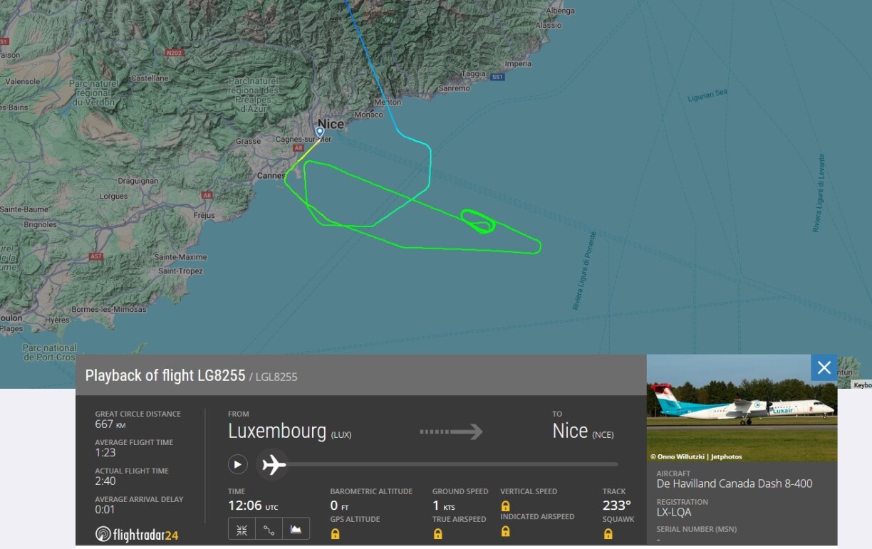 De Voll LG8255 huet Schlaufen iwwer dem Mëttelmier bei Nice gezunn.