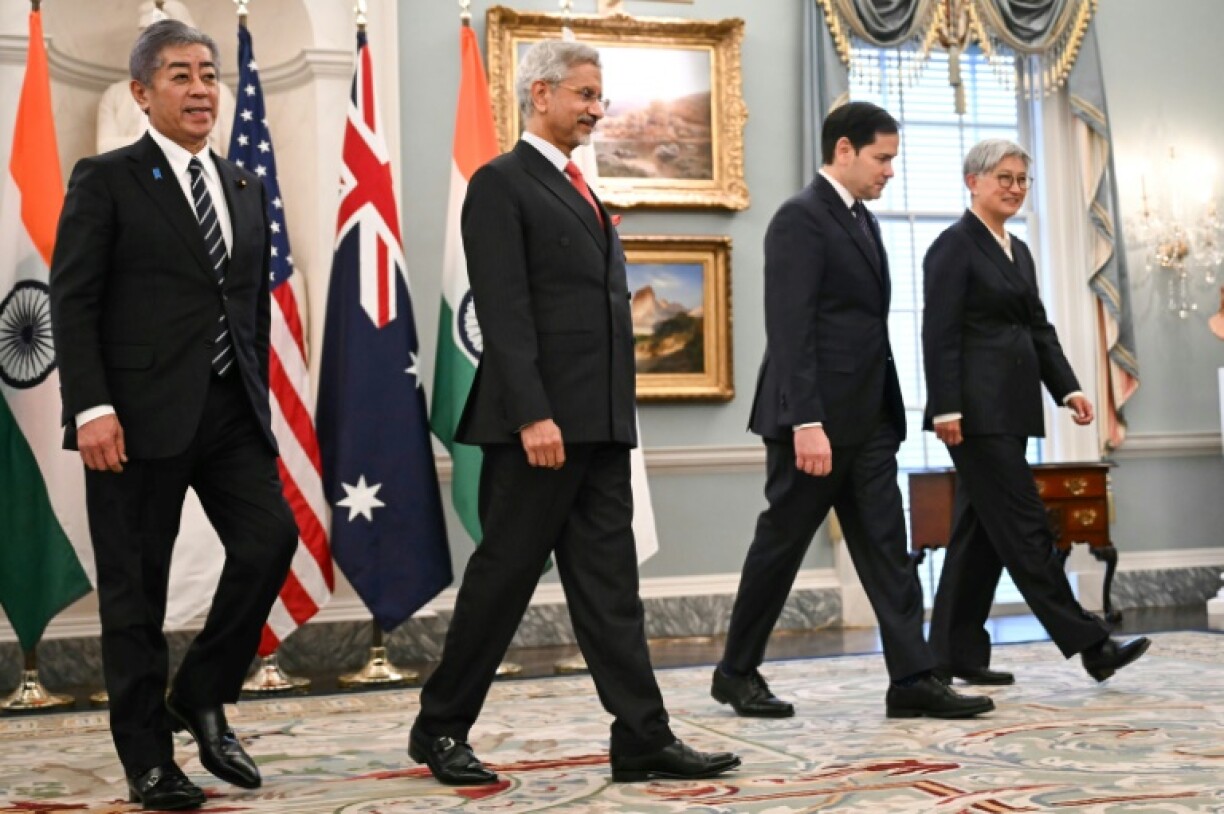 US Secretary of State Marco Rubio walks with Indo-Pacific Quad ministers, Japanese Foreign Minister Takeshi Iwaya, Indian Foreign Minister Subrahmanyam Jaishankar and Australian Foreign Minister Penny Wong at the State Department