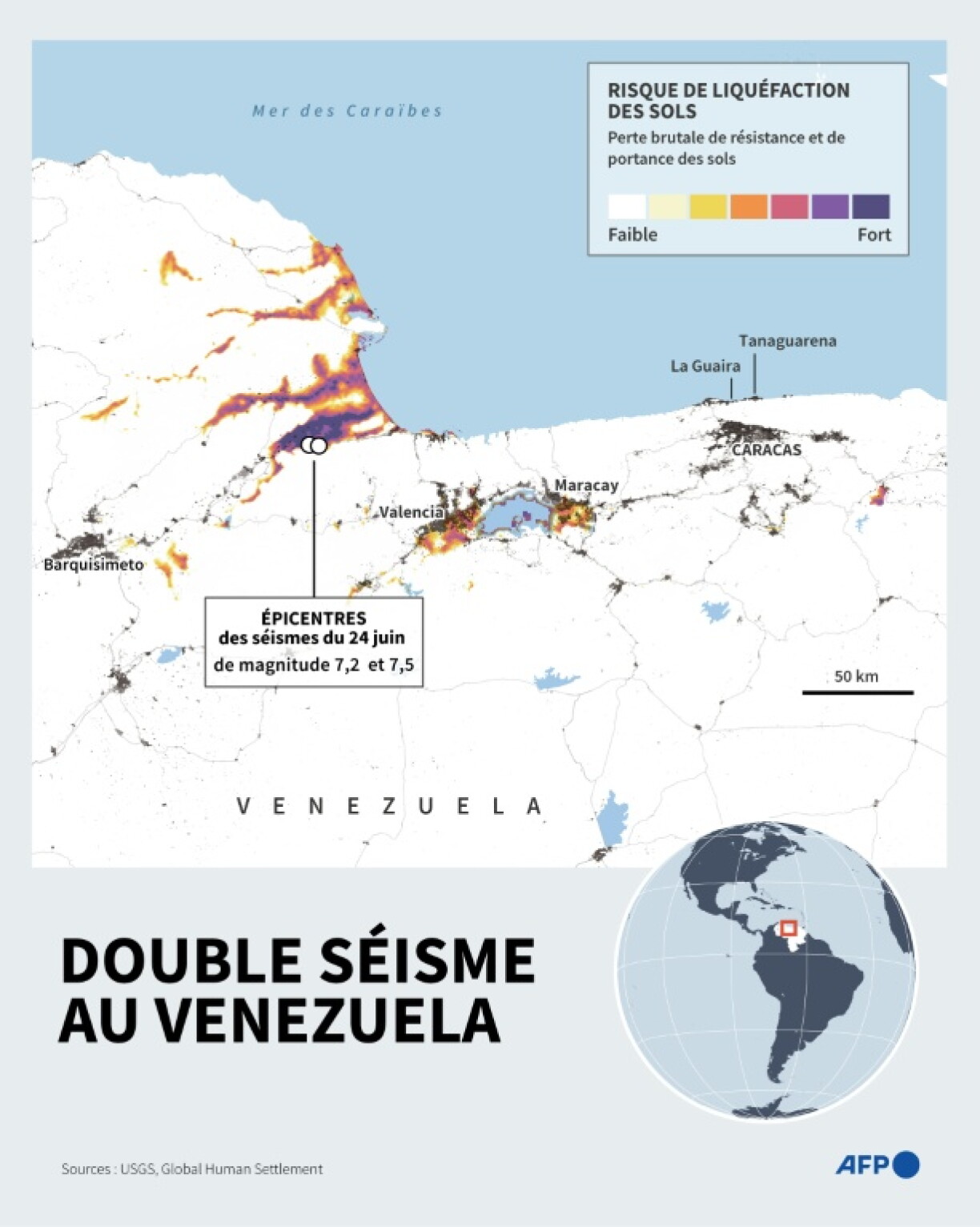 Carte montrant la probabilité de liquéfaction des sols au Venezuela et la densité de peuplement urbain, dans la région touchée le 24 juin 2026 par un double séisme