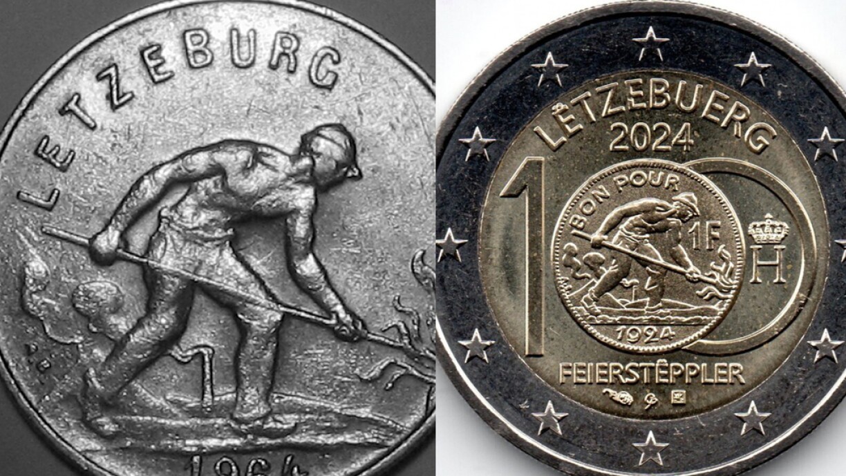Bild vun engem Ee-Frang-Stéck mam Feierstëppler (Foto vu wikimedia / User: Zinneke) nieft der neier Zwee-Euro-Mënz.