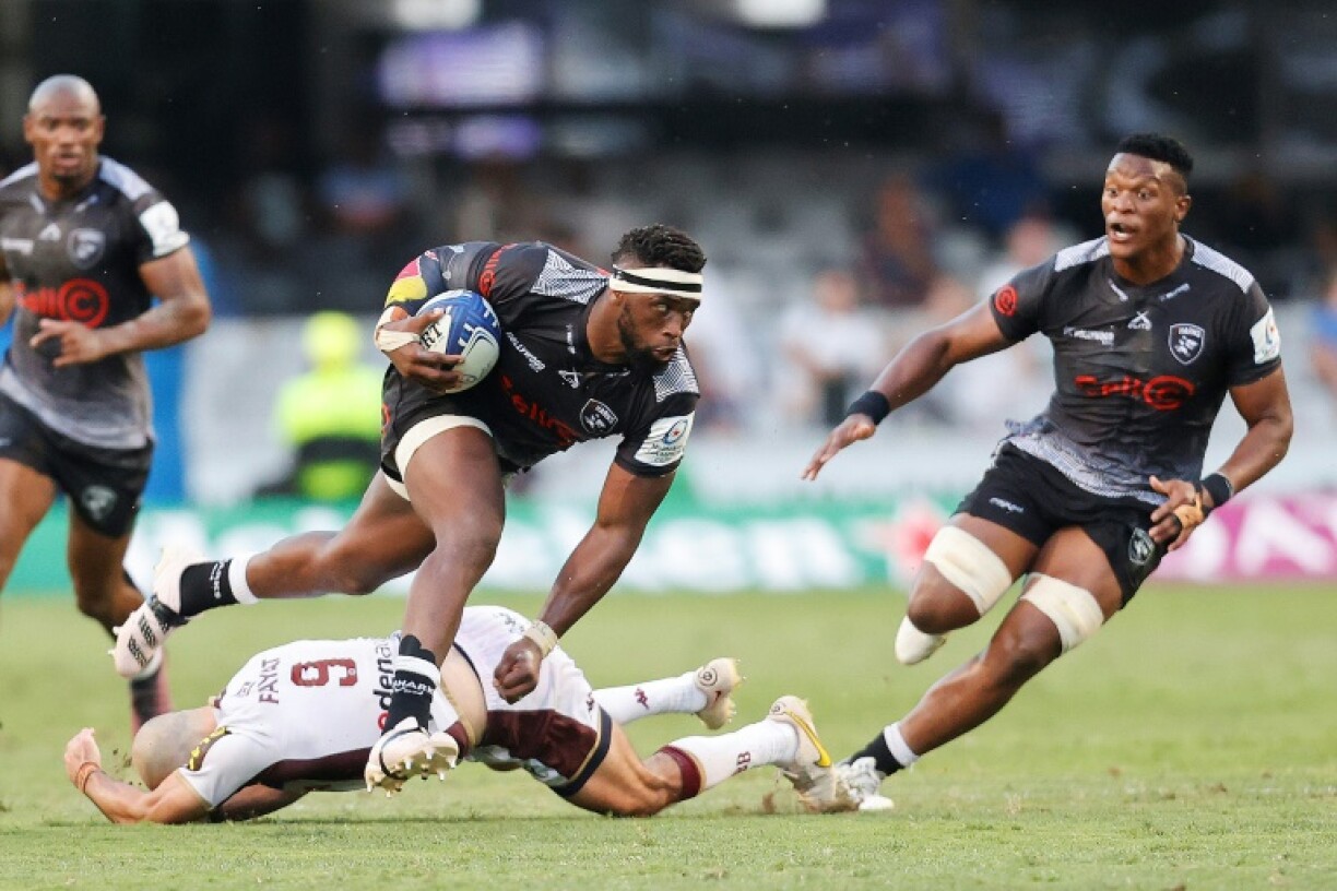 Springbok captain Siya Kolisi (C) playing for the Durban-based Sharks against Bordeaux-Begles in 2023