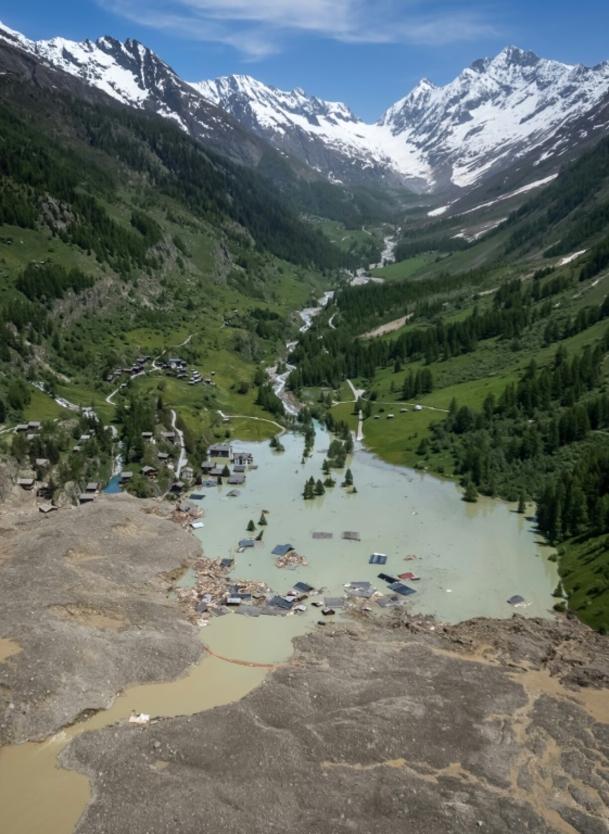 The collapsed glacier has blocked the river Lonza