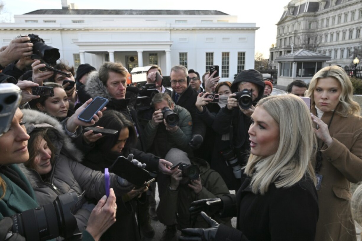 White House Press Secretary Karoline Leavitt speaks to members of the press outside the West Wing