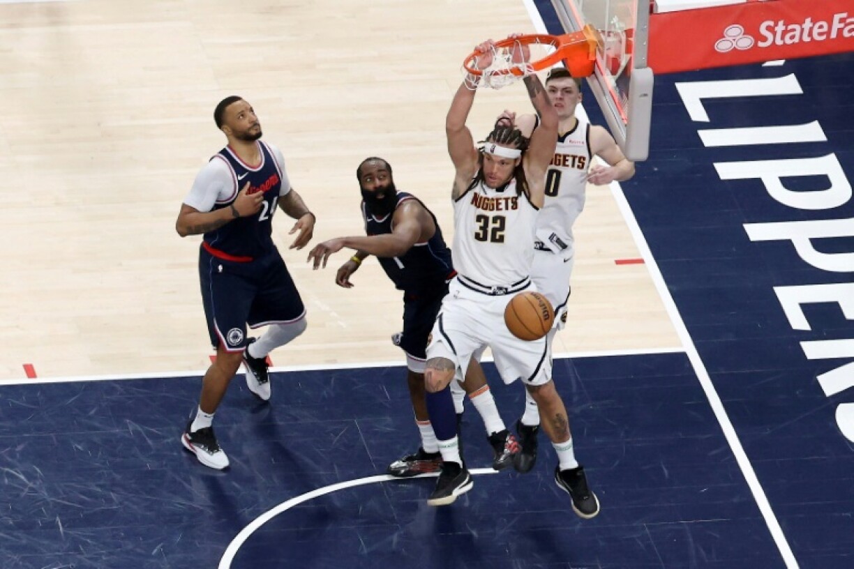 Aaron Gordon of the Denver Nuggets dunks the game winning basket at the final buzzer in the Nuggets' victory over the Los Angeles Clippers in game four of their NBA playoff series