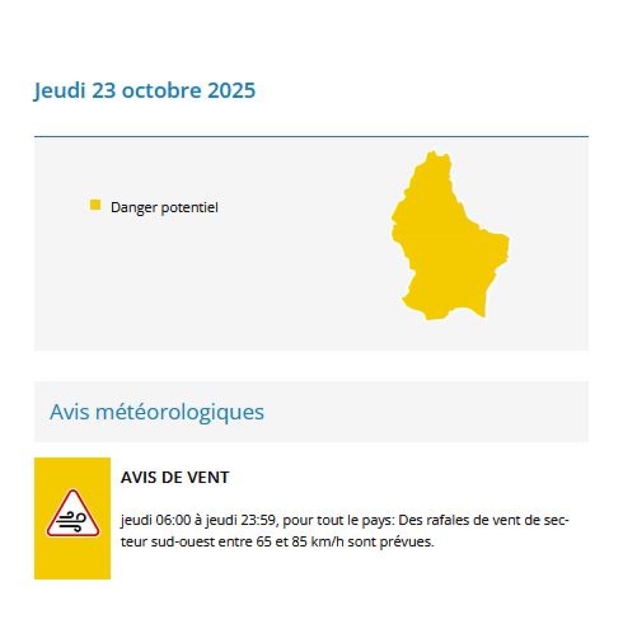 L'annonce de l'alerte jaune par MétéoLux pour ce jeudi 23 octobre.
