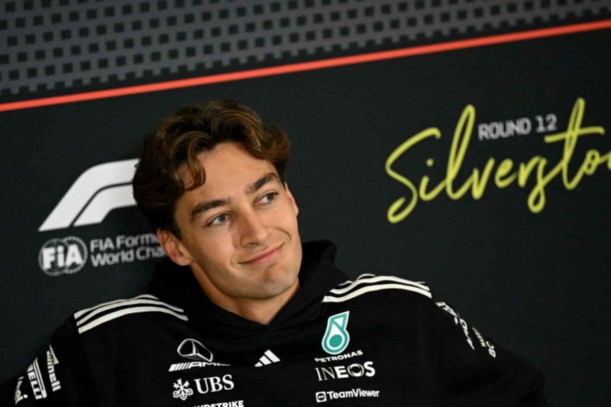 Mercedes' British driver George Russell talks to the media ahead of the Formula One British Grand Prix at Silverstone