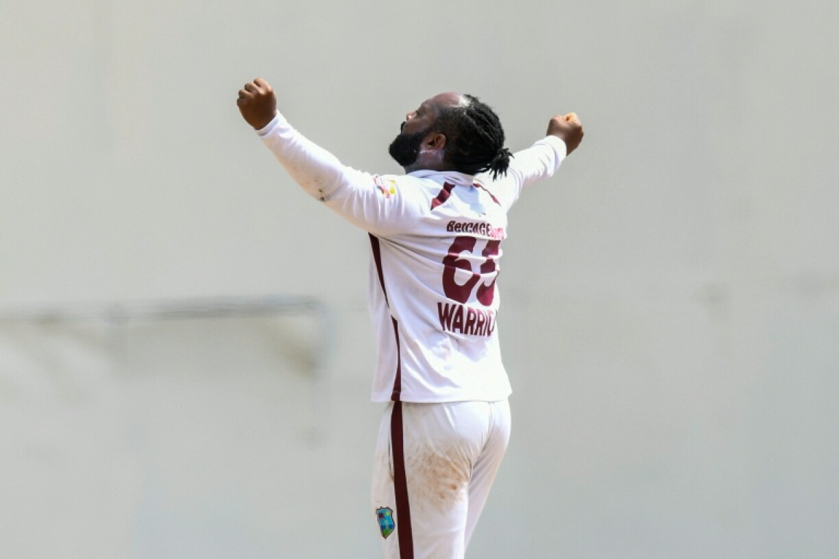 Jomel Warrican of West Indies celebrates the dismissal of Ubaid Shah of Pakistan during the third day of the second Test match between West Indies and Pakistan at Queen's Park Oval in Port of Spain, Trinidad and Tobago, on August 4, 2026.