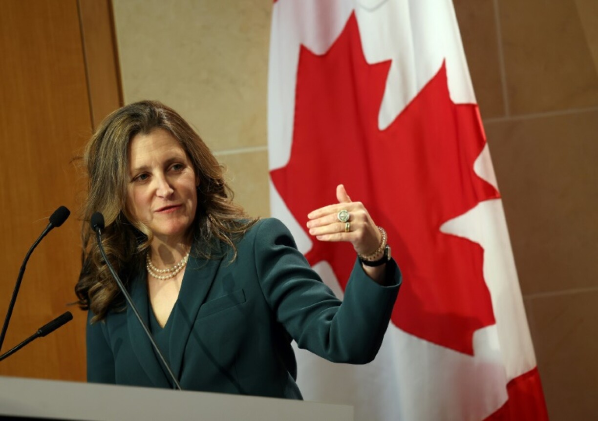 Chrystia Freeland, seen in April 2023, has disagreed with Canadian Prime Minister Justin Trudeau over Donald Trump's US tariff threats