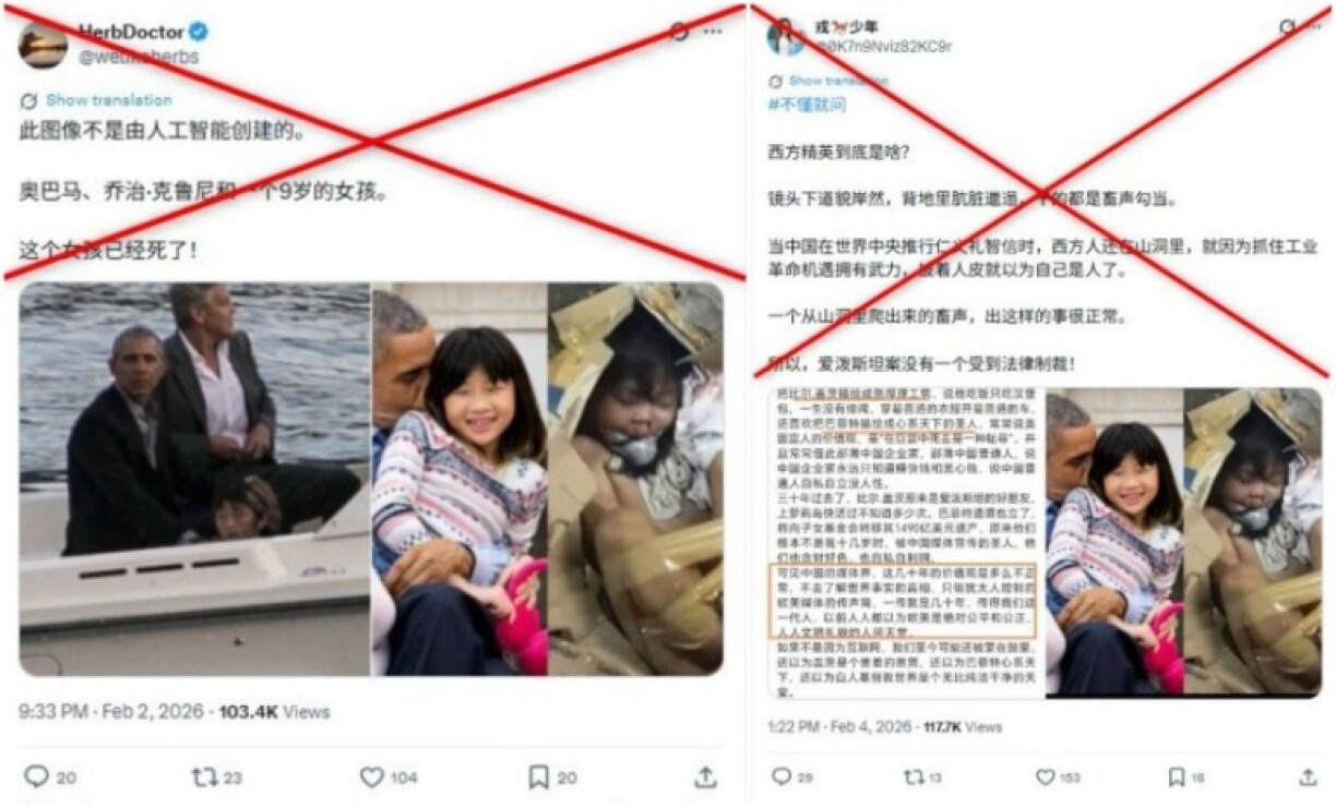 Screenshots of the false posts captured on February 13, 2026, with red Xs added by AFP