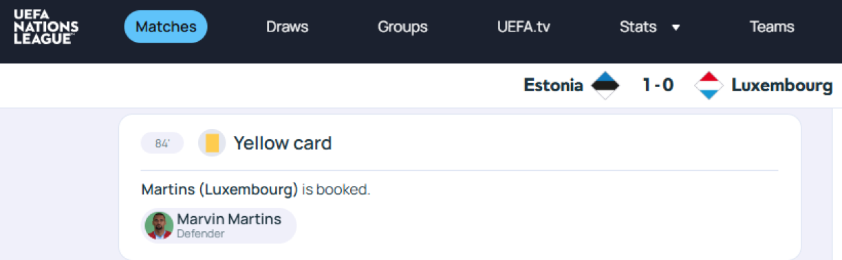 Um Site vun der UEFA ass ze gesinn, datt de Marvin Martins déi giel Kaart zougesprach krut.