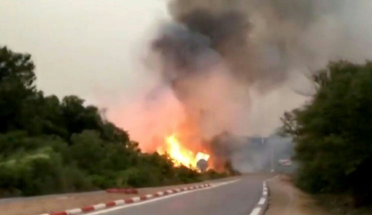 Un grand incendie sur le bord d'une route menant à Souarekh, dans la province algérienne d'El Tarf, le 17 août 2022 (photo extraite d'une vidéo)