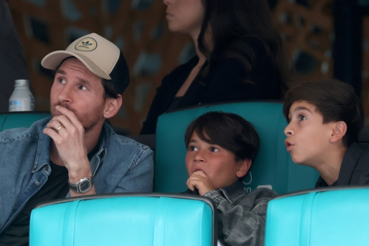 Lionel Messi and his family watch the semi-final match between Novak Djokovic and Grigor Dimitrov at the Miami Open