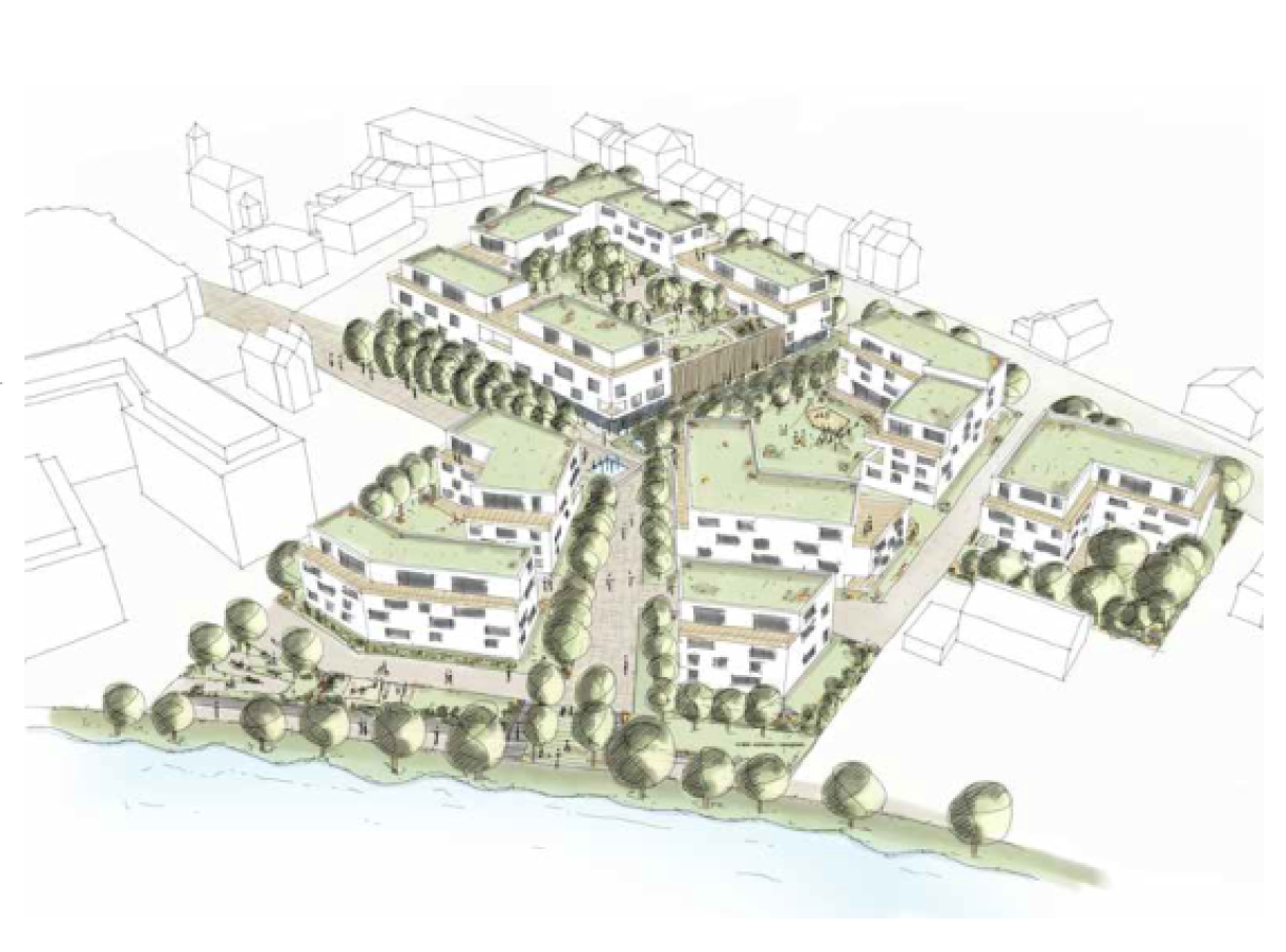 La vue d'ensemble du quartier, avec sa promenade verte.