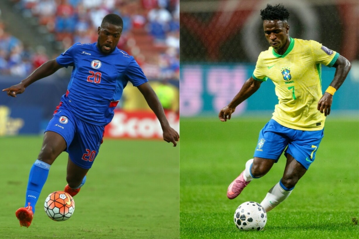 L'attaquant haïtien Duckens Nazon (gauche) et l'ailier brésilien Vinicius Jr associés dans un montage créé le 17 juin 2026