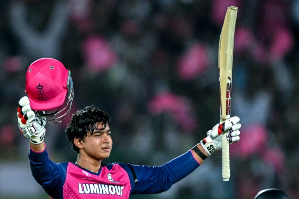 Vaibhav Suryavanshi celebrates after scoring a century for Rajasthan Royals against Gujarat Titans on April 28