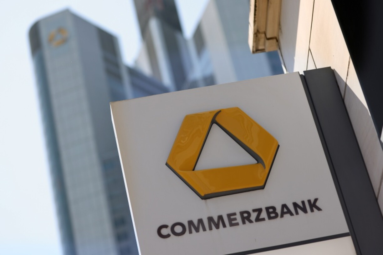 The logo of the Commerzbank in front of the Commerzbank Tower in Frankfurt