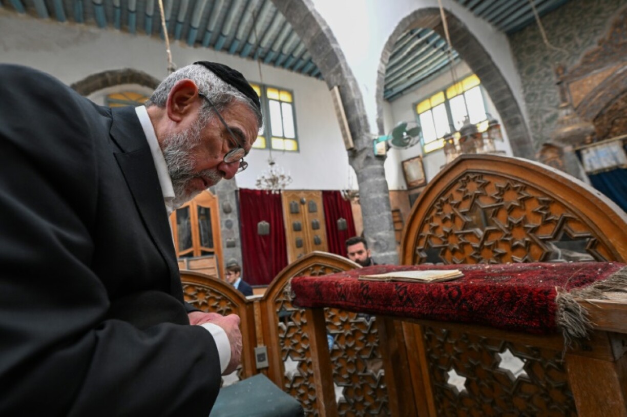 Syrian-American Rabbi Youssef Hamra leads the first Jewish group prayer in Syria since the 1990s, in the Ifrange Synagogue in the Jewish quarter of Damascus's Old City.