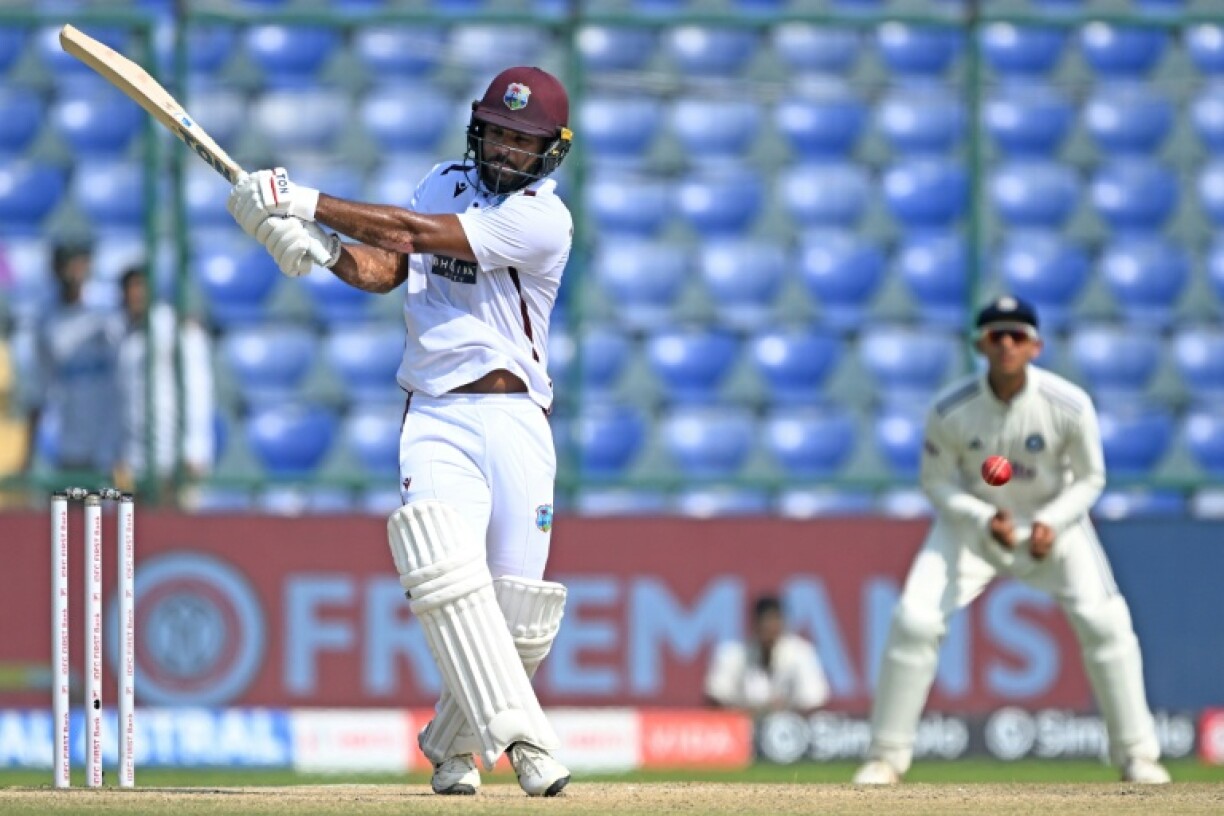 West Indies' John Campbell plays a shot