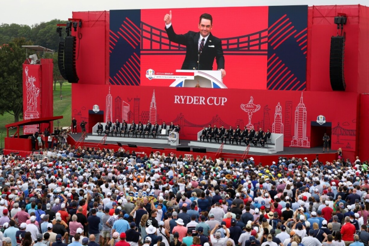 USA captain Keegan Bradley speaks during the opening ceremony for the Ryder Cup at Bethpage Black