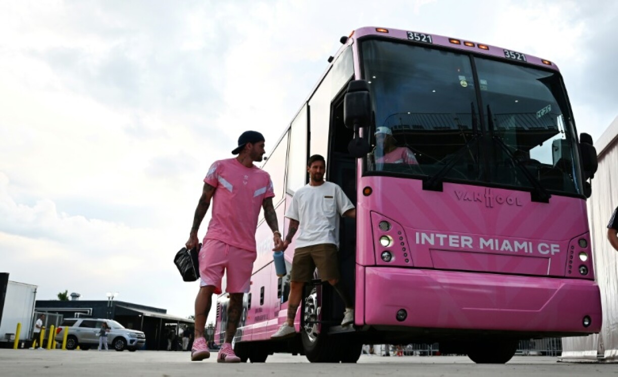 Inter Miami's Argentine forward Lionel Messi arrives in street clothes for the Leagues Cup quarter-final against Tigres UANL for which he was sidelined by injury