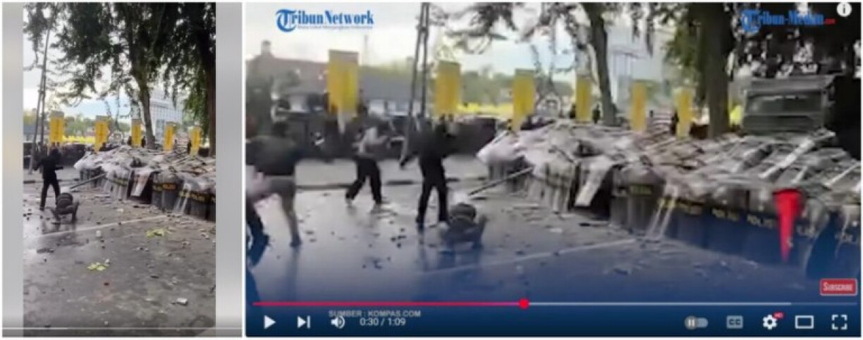 Screenshot comparison of the falsely shared video (L) and the Tribun Medan YouTube video