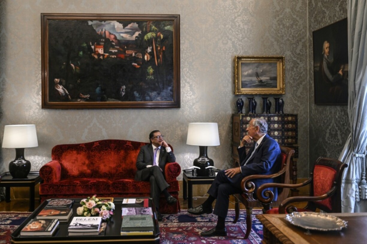 Colombian president Gustavo Petro (L) met with Portuguese counterpart Marcelo Rebelo de Sousa (R) during his May 2023 visit to Lisbon, seen here at the Belem Palace -- and spent some down time at a strip club per newly revealed financial records