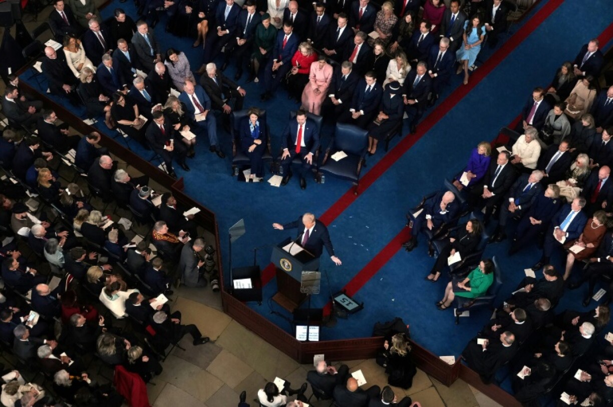 US President Donald Trump delivers his inaugural address in the Rotunda of the US Capitol on January 20, 2025 in Washington, DC. Trump takes office for his second non-consecutive term as the 47th president of the United States.