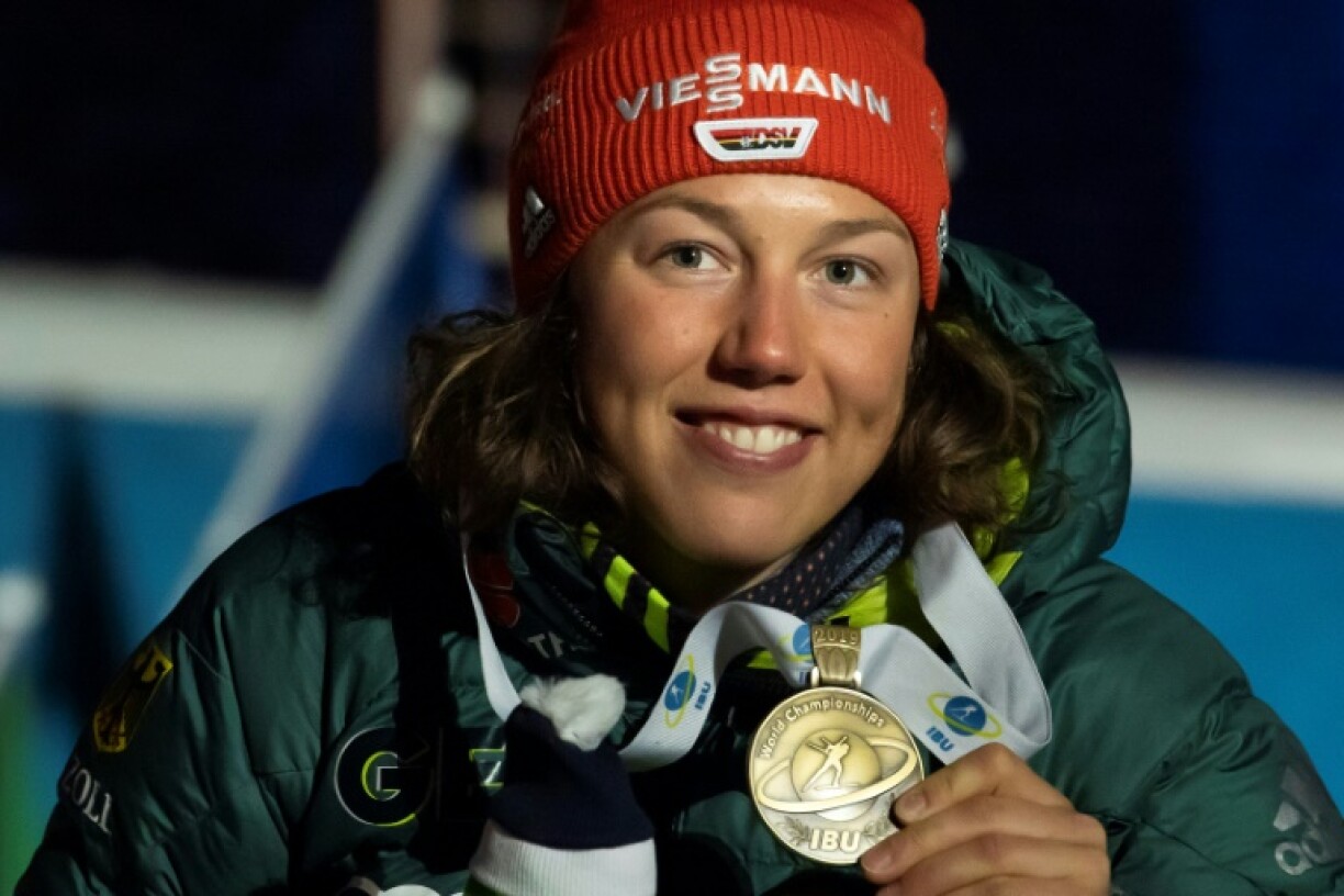 Germany's Laura Dahlmeier poses during the medal ceremony for the women's 7,5 km sprint event at the IBU Biathlon World Championships in Ostersund, Sweden, on March 8, 2019. Dahlmeier was confirmed dead on Wednesday after she was seriously injured by a rockfall on a Pakistani mountain.