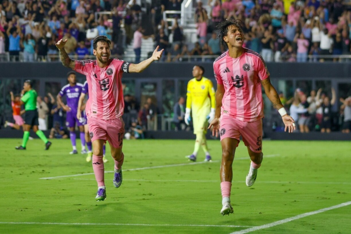Inter Miami star Lionel Messi and teammate Telasco Segovia celebrate a goal in a Leagues Cup semi-final victory over Orlando City