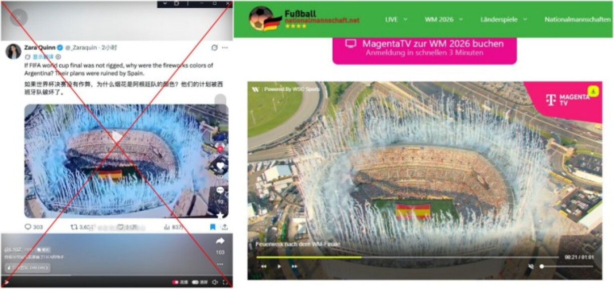 Screenshot comparison of the false Douyin post and the video published by Magenta TV, with a red X added by AFP