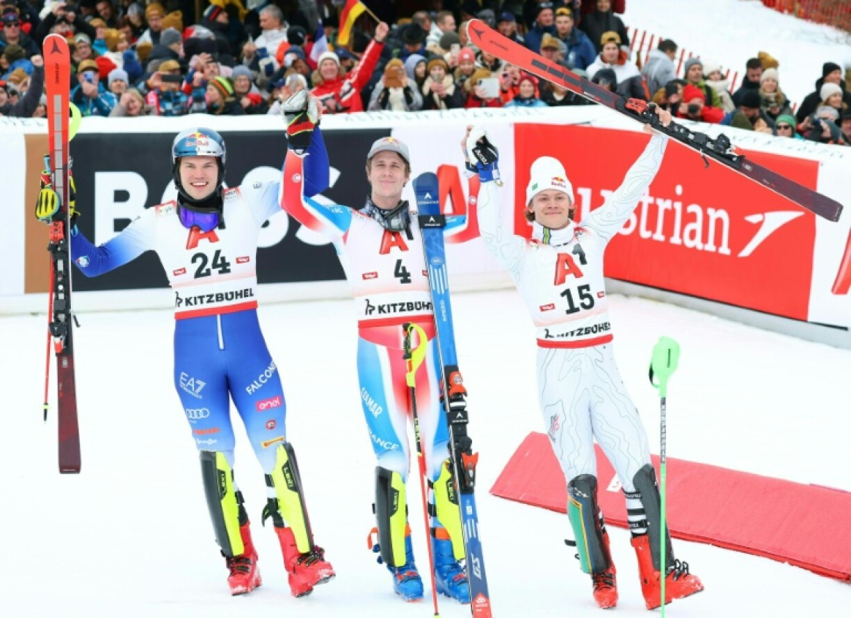 Italy's Alex Vinatzer (L), France's Clement Noel (C) and Lucas Braathen (R)