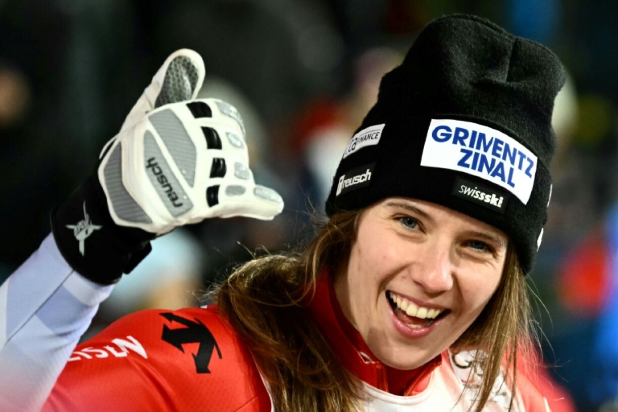Camille Rast celebrates victory in Flachau