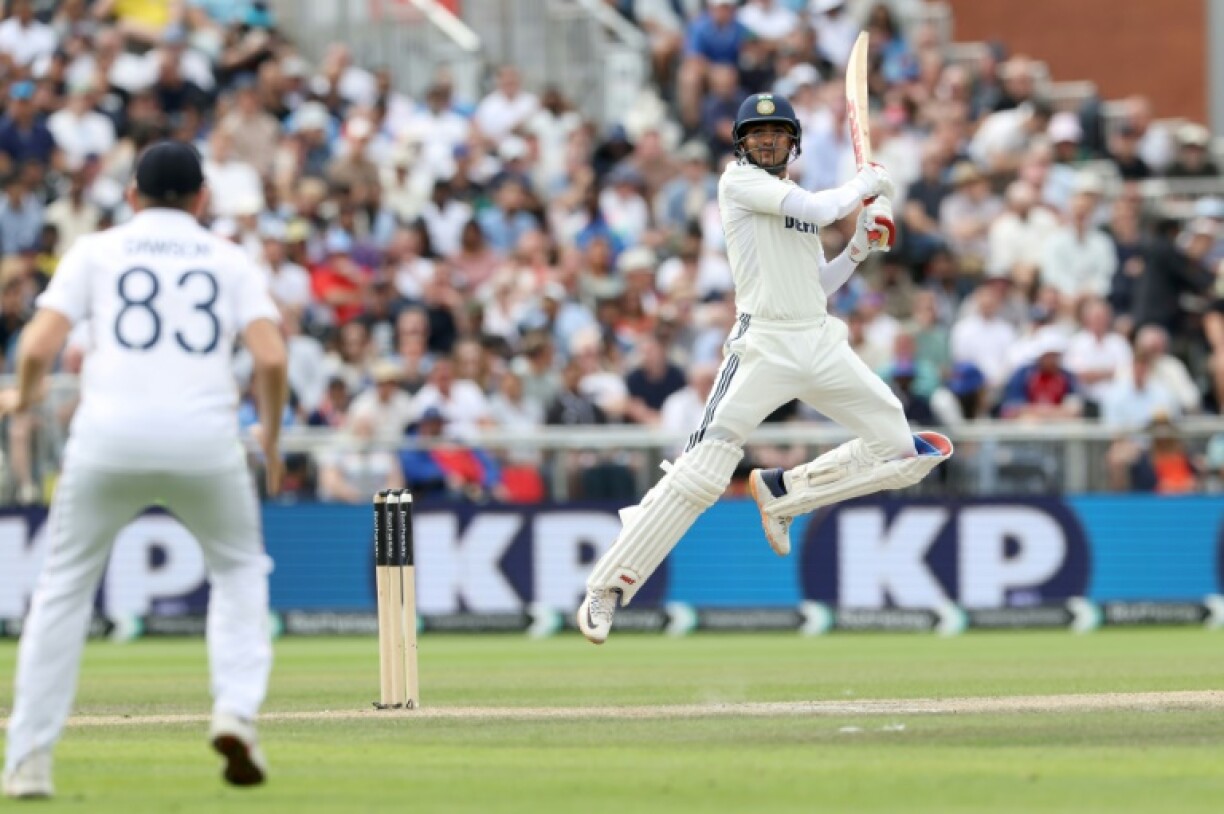 India captain Shubman Gill (R) cuts for four in the fourth Test against England at Old Trafford