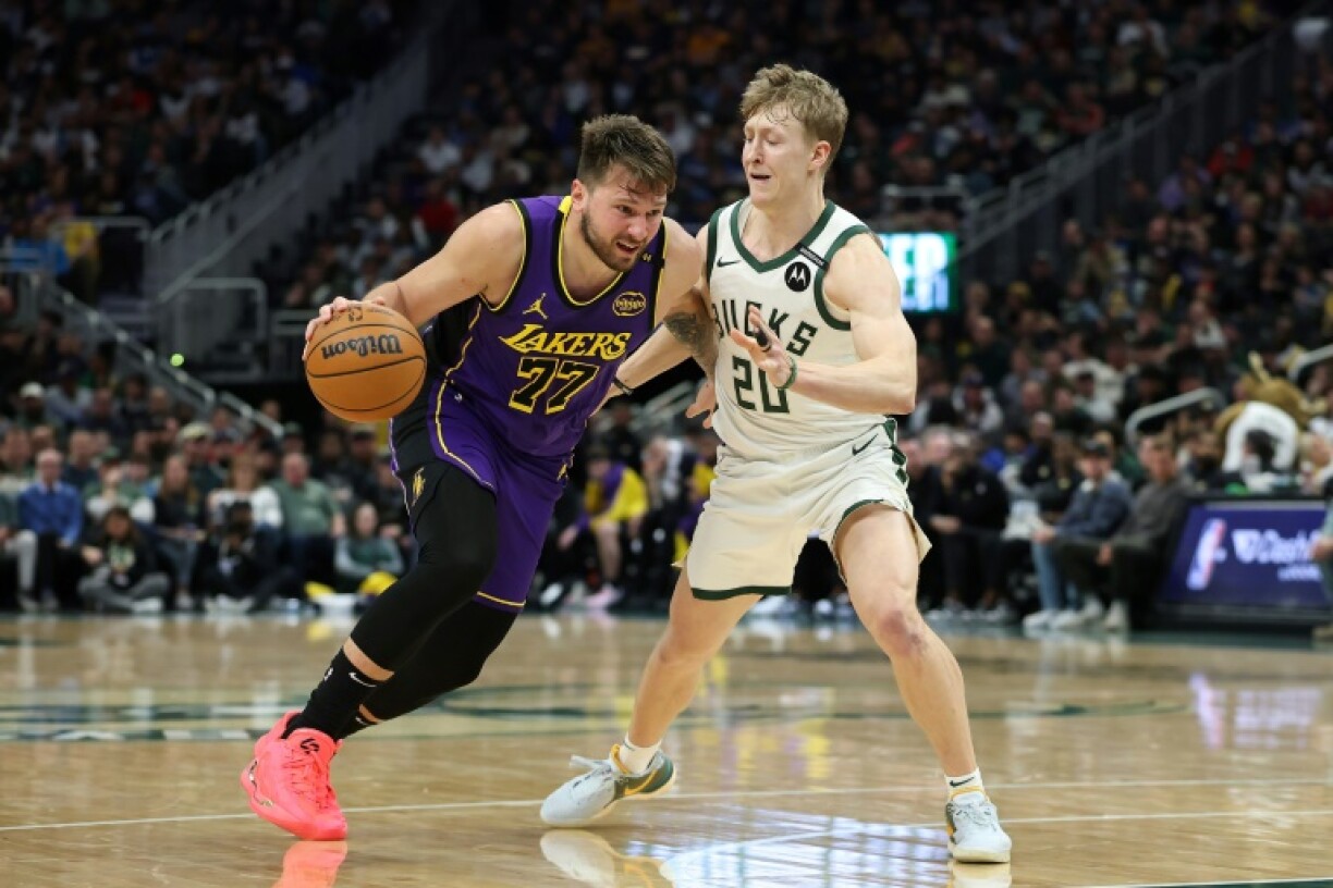 Luka Doncic drives to the basket during a 45-point performance in the Los Angeles Lakers' loss to Milwaukee