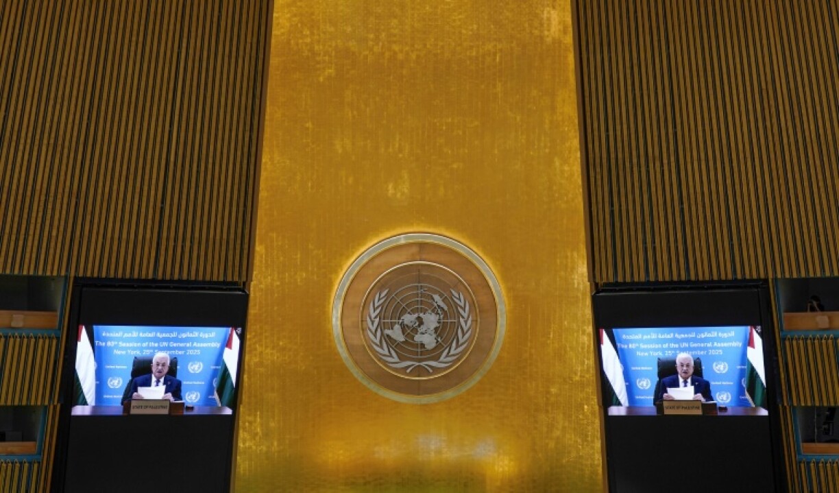 Palestinian Authority President Mahmud Abbas speaks by video during the United Nations General Assembly