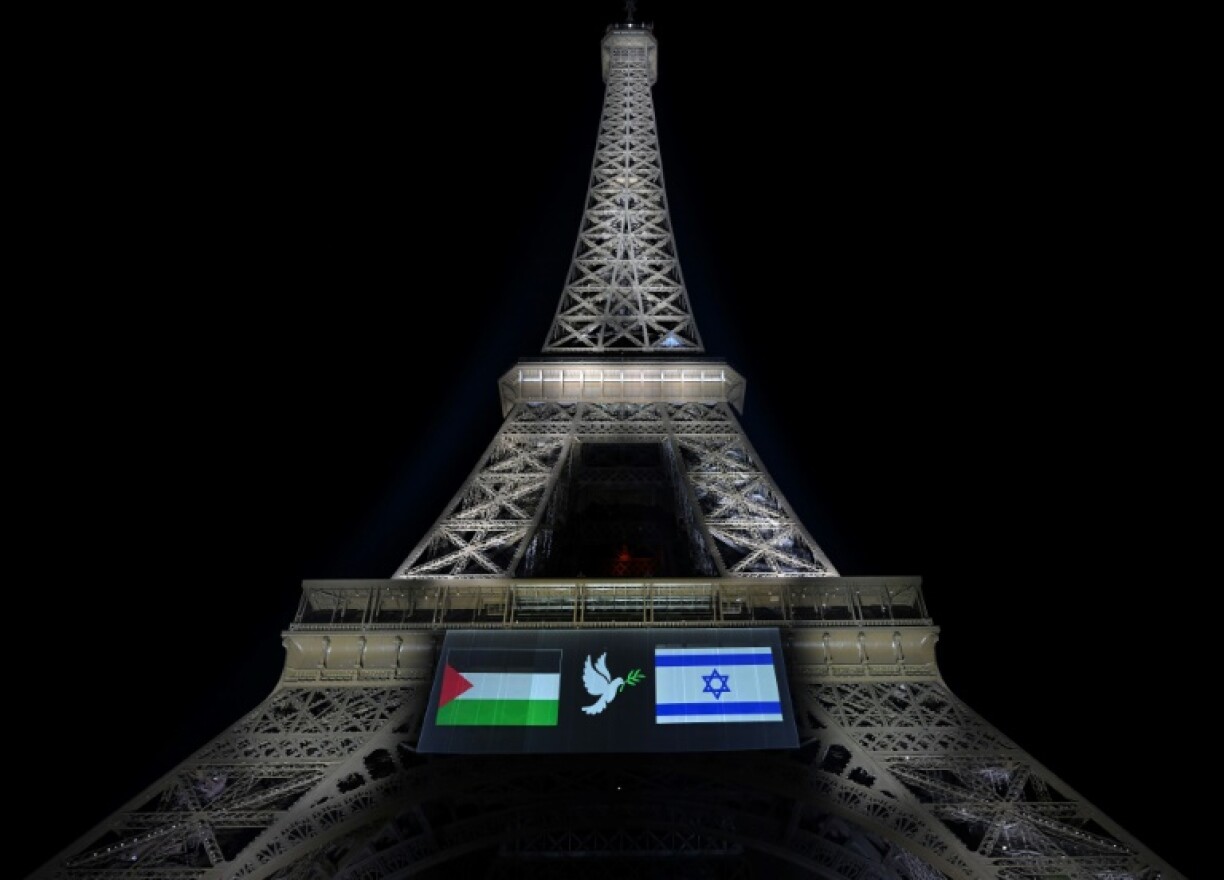 The Eiffel Tower displayed Palestinian and Israeli flags and Paris city hall backed a two-state solution