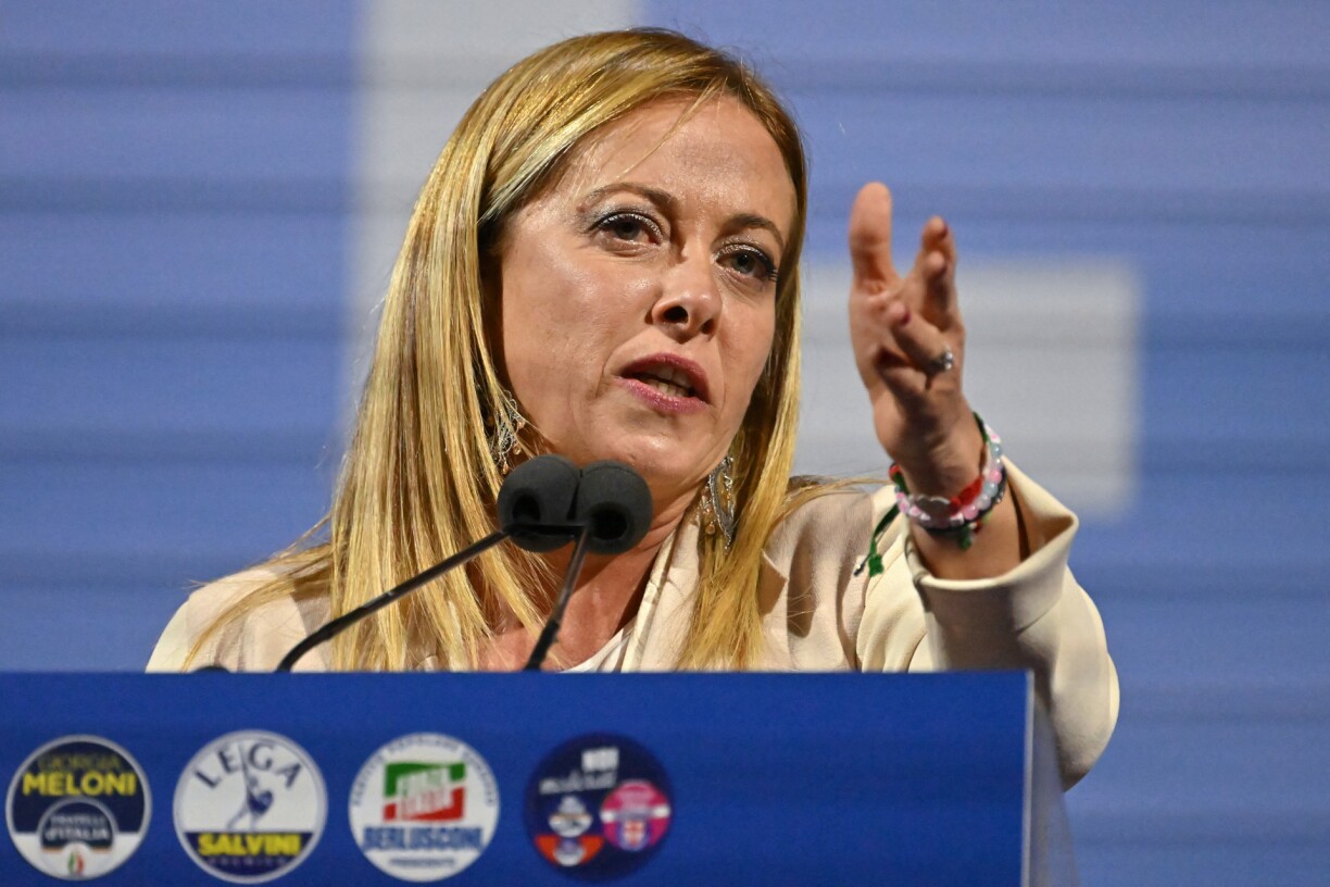 Brothers of Italy party leader Giorgia Meloni deliering a speech on stage on September 22, 2022 during a joint rally of Italy's right-wing parties at Piazza del Popolo in Rome, ahead of the September 25 general election.