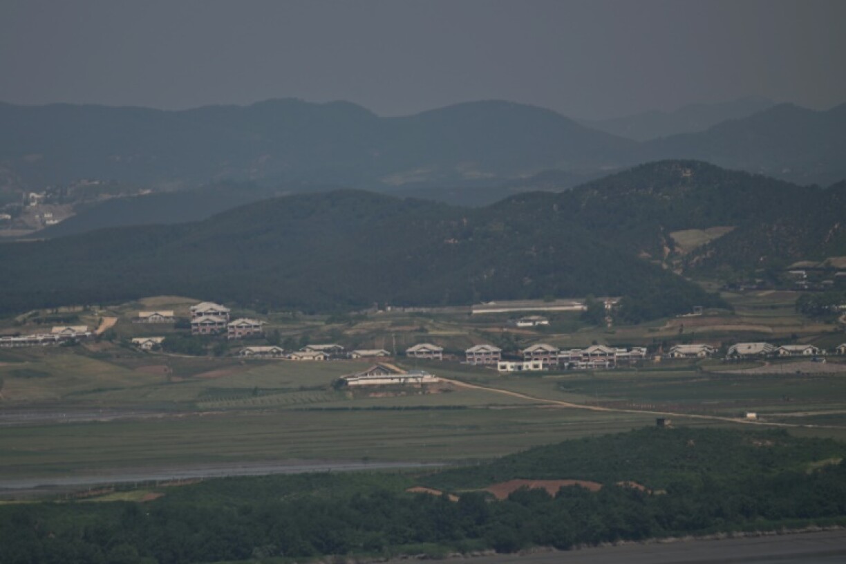 A general view shows the North Korean side (back) of the Demilitarised Zone (DMZ) dividing the two Koreas at South Korea's Odusan Unification Observatory -- Seoul says it fired warning shots at North Korean soldiers who briefly crossed the border