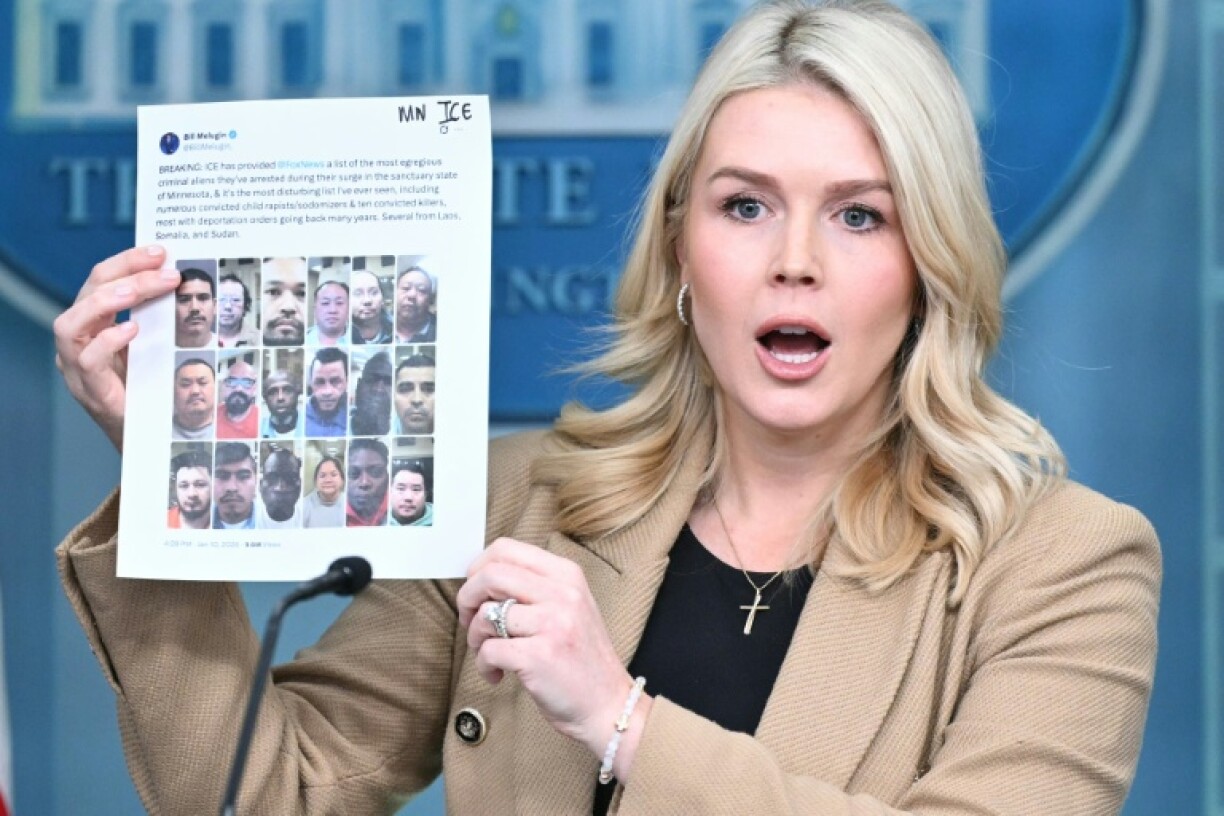 La porte-parole de la Maison Blanche Karoline Leavitt montre un document lors d'un point de presse le 15 janvier 2026.