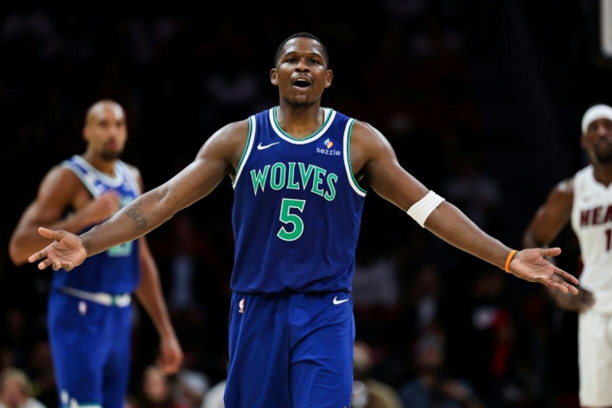 Minnesota's Anthony Edwards reacts during the Timberwolves' NBA victory over the Miami Heat