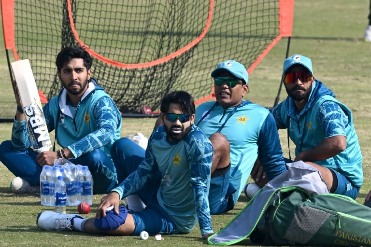 Pakistan players Sajid Khan (R), Noman Ali (2R) and Mohammad Rizwan (2L) attend a practice session before the first Test against West Indies in Multan