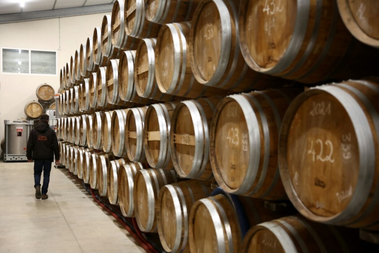 Des fûts de cognac dans une cave à Jarnac-Champagne, le 20 mars 2025, alors que les spiritueux font partie des secteurs au coeur des négociations commerciales entre l'UE et les Etats-Unis