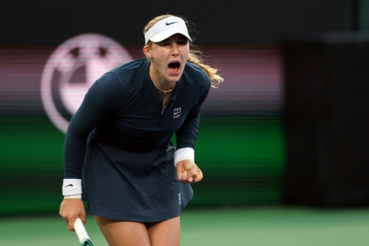Russian Mirra Andreeva reacts during her semi-final win over defending champion Iga Swiatek at Indian Wells