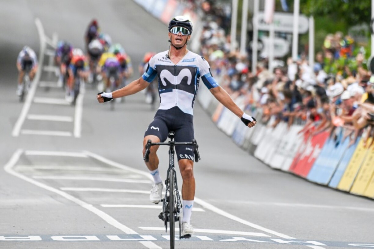 Movistar Team rider Javier Romo Oliver crosses the line to win stage 3 of the Tour Down Under in Adelaide
