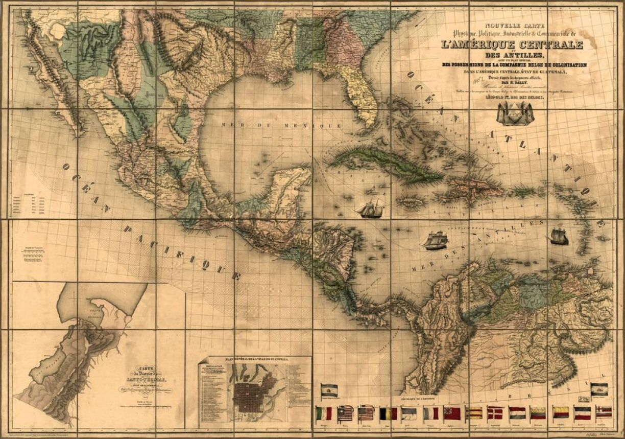 A physical, political, industrial, and commercial map of Central America and the Antilles created by the 'Compagnie belge de colonisation', showing the company's possessions.