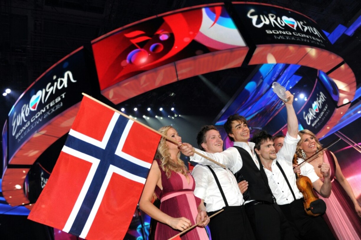 Norway's Alexander Rybak, third from left, celebrating his 2009 Eurovision victory in Moscow