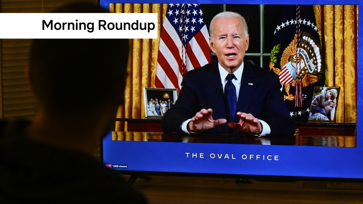 President of the United States Joe Biden addresses the nation, displayed on TV screen in Washington DC, United States on October 19, 2023